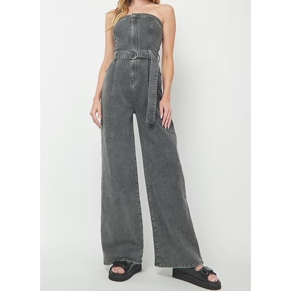 Needii Wide Leg Denim Tube Jumpsuit Women M Gray Acid Wash Strapless Belted Boho